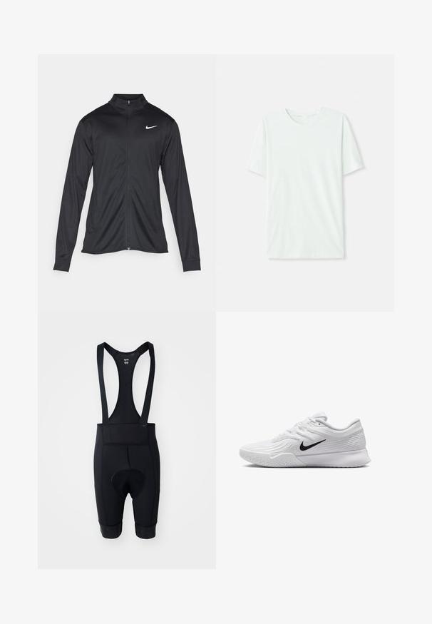Čierna športová bunda s dlhými rukávmi, golierom a plným zipsom. Obsahuje nenápadné logo Nike v bielej farbe na hornej ľavej hrudi. Hladká textúra.; Svetlo mentolová kráťacia tričko s krátkym rukávom vyrobené z jemnej látky. Má okrúhly výstrih a jednoduchý, rovný strih bez ozdôb.; Čierne cyklistické šortky s pružnými ramienkami, obsahujúce vypchávku s vložkou, hladký povrch a elastické nohavice so silikónovými gripmi.; Biele športové topánky s textúrovaným sieťovaným zvrškom, čiernym logom Nike, polstrovaným golierom a gumovou podrážkou so vzorom dezénu.