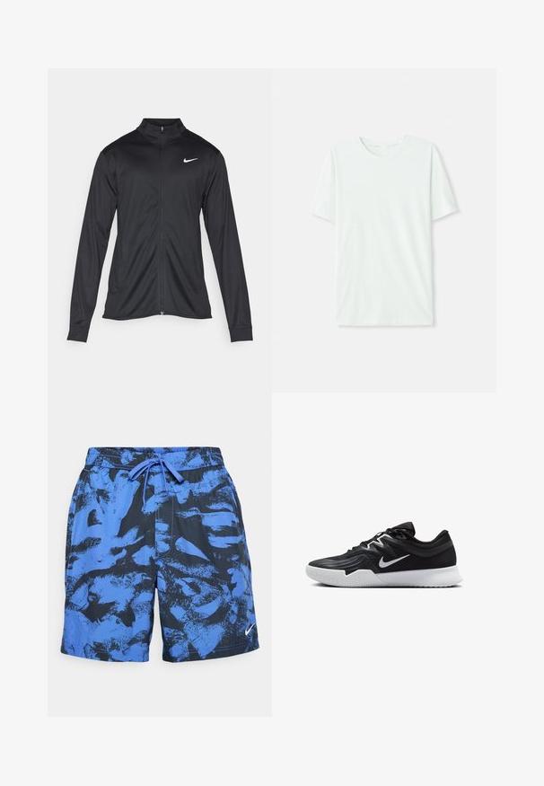 Czarna sportowa kurtka z długimi rękawami, kołnierzem i pełnym zamkiem. Posiada subtelne logo Nike w białym kolorze na lewej górnej części klatki piersiowej. Gładka tekstura.; Jasno miętowa koszulka z krótkim rękawem, wykonana z miękkiego materiału. Posiada okrągły dekolt oraz prosty krój bez zdobień.; Niebieskie i czarne kąpielówki w wzory z elastycznym pasem i sznurkiem. Posiadają logo Nike na dolnej prawej stronie.; Czarne buty sportowe z teksturowaną cholewką, białym logo Nike i białą gumową podeszwą. Charakteryzują się sznurowanym zapięciem i dynamicznym kształtem.