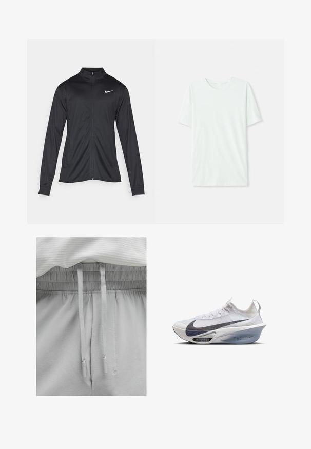 Fekete sportdzseki hosszú ujjal, gallérral és teljes cipzárral. Diszkrét fehér Nike logóval az upper bal mellen. Sima textúra.; Világos menta zöld, rövidujjú póló, puha anyagból készült. Kerek nyakkivágással és egyszerű, egyenes szabással rendelkezik, díszítések nélkül.; Világosszürke sportnadrág, elasztikus derékkal és húzózsinórral. Puha anyag, sima textúrával, kényelmes szabással és egyszerű részletekkel.; Nike futócipő fehér textilből, szürke swoosh-sal, áramvonalas formával, átlátszó középtalppal és látható légpárnázással.