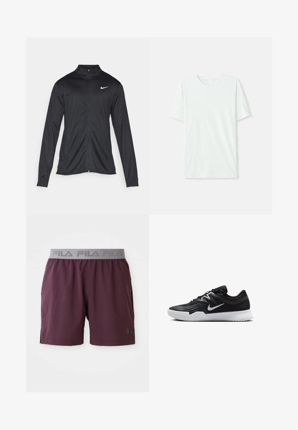 Črna atletska jakna z dolgimi rokavi, ovratnikom in polnim zadrgo. Vključuje diskreten bel Nike logotip na zgornjem levem delu prsnega koša. Gladka tekstura.; Svetlo mint zelena majica s kratkimi rukavi, izdelana iz mehkega blaga. Ima okroglo ovratnico in preprost, ravno kroj brez okrasnih elementov.; Bordo športni kratki hlače iz lahkega materiala, zivo sivo elastično pasom z logotipom "FILA" in stranskima žepoma.; Črne atletske čevlje z teksturirano zgornjico, belim Nike znakom in belim gumijastim zunanjim podplatom. Imajo vezalni dizajn in dinamično obliko.