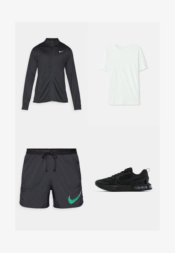 Čierna športová bunda s dlhými rukávmi, golierom a plným zipsom. Obsahuje nenápadné logo Nike v bielej farbe na hornej ľavej hrudi. Hladká textúra.; Svetlo mentolová kráťacia tričko s krátkym rukávom vyrobené z jemnej látky. Má okrúhly výstrih a jednoduchý, rovný strih bez ozdôb.; Nike Performance KIPCHOGE - Športové šortky - black/stadium green; Čierne tenisky Nike s textilným vrchom z oka, textúrovanou podrážkou a viditeľnou vzduchovou jednotkou v päte. Akcenty a logo v tmavšom odtieni čiernej.
