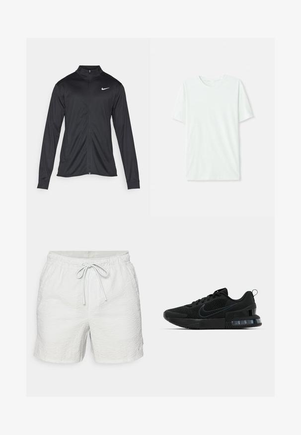 Black athletic jacket with long sleeves, collar, and full zipper. Features a subtle Nike logo in white on the upper left chest. Smooth texture.; Light mint green short-sleeve t-shirt made of soft fabric. Features a crew neckline and a simple, straight cut without embellishments.; White swim shorts with a textured fabric, elastic waistband, and drawstring closure. Features a small logo accent.; Black Nike athletic shoe featuring a mesh upper, rubber sole, padded collar, and a distinct transparent heel accent.