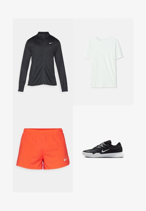 Musta urheilutakki pitkillä hihoilla, kauluksella ja kokonaisella vetoketjulla. Täydentää hienovarainen Nike-logo valkoisena vasemmassa ylärinnassa. Litteä pinta.; Vihreä mintun värinen lyhythihainen t-paita, joka on valmistettu pehmeästä kankaasta. Siinä on pyöreä kaula-aukko ja yksinkertainen, suora leikkaus ilman koristeita.; Shortsit on kirkasta oranssia verkkokangasta, jossa on rei'itetty pinta. Ne ovat varustettu joustavalla vyötäröllä ja vasemmassa alakulmassa on valkoinen Nike-logo.; Musta urheilukenkä, jossa on teksturoitu päällinen, valkoinen Nike-tikkaus ja valkoinen kumipohja. Kenkässä on nauhakuji ja dynaaminen muoto.