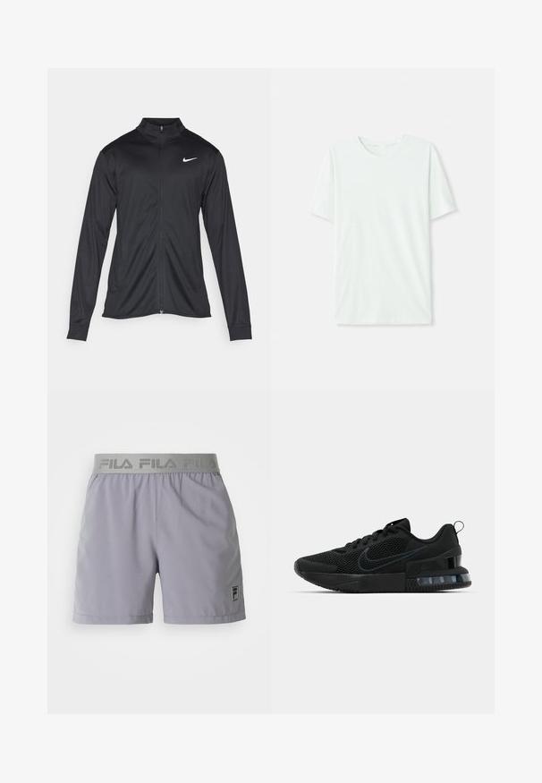 Juodas sportinis švarkas su ilgomis rankovėmis, apykakle ir pilnu užtrauktuku. Yra subtilus baltas Nike logotipas kairėje krūtinės pusėje. Lygus tekstūra.; Šviesiai mėtos žalios spalvos trumpų rankovių marškinėliai, pagaminti iš minkštos medžiagos. Turi apvalią iškirptę ir paprastą tiesų siluetą be dekoro.; Šviesiai pilki sportiniai šortai, pagaminti iš lygaus audinio, su elastine juosta, ant kurios matyti "FILA" ženklas, bei maža logotipo etikete šone.; Juodas Nike sportinis batas su tinklo viršumi, guminėmis padais, paminkštintu apykakle ir išskirtiniu skaidriu kulno akcentu.
