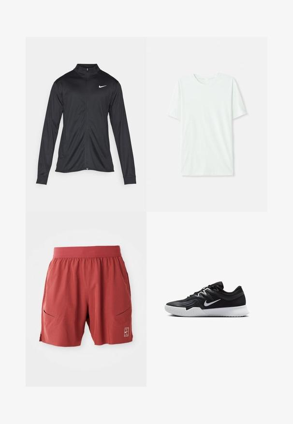 Crna sportska jakna s dugim rukavima, ovratnikom i punim patentnim zatvaračem. Ima suptilan Nike logo u bijeloj boji na gornjem lijevom dijelu prsne oznake. Glatka tekstura.; Svijetlo mint zelena majica kratkih rukava izrađena od mekog materijala. Ima okrugli vrat i jednostavan, ravni kroj bez ukrasa.; Crvene atletske kratke hlače s elastičnim pojasom, dva bočna džepa i malim logom u donjem desnom kutu. Glatka tekstura, dužina do sredine bedara.; Crna sportska cipela s teksturiranim gornjim dijelom, bijelim Nike swooshom i bijelim gumennim potplatom. Ima dizajn s vezanjem i dinamičan oblik.