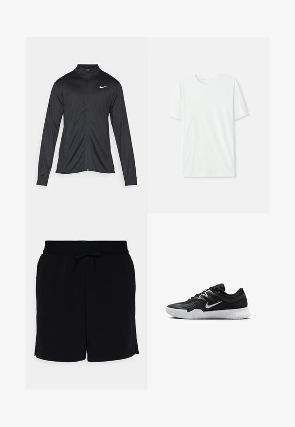 Črna atletska jakna z dolgimi rokavi, ovratnikom in polnim zadrgo. Vključuje diskreten bel Nike logotip na zgornjem levem delu prsnega koša. Gladka tekstura.; Svetlo mint zelena majica s kratkimi rukavi, izdelana iz mehkega blaga. Ima okroglo ovratnico in preprost, ravno kroj brez okrasnih elementov.; Nike Performance Športne kratke hlače - black/anthracite; Črne atletske čevlje z teksturirano zgornjico, belim Nike znakom in belim gumijastim zunanjim podplatom. Imajo vezalni dizajn in dinamično obliko.