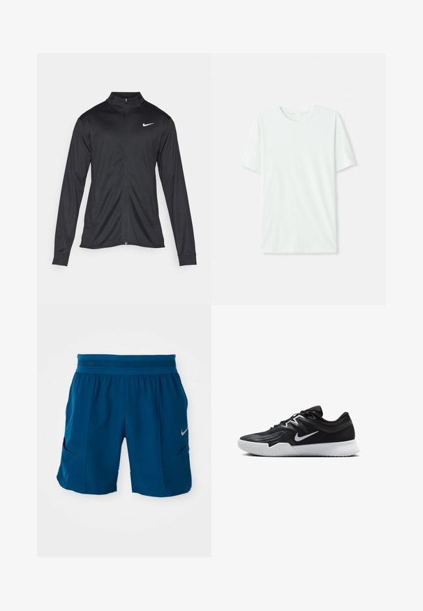 Jachetă sportivă neagră cu mâneci lungi, guler și fermoar complet. Prezintă un logo Nike subtil, alb, pe pieptul din stânga sus. Textură netedă.; Tricou scurt, de culoare verde mentă, din țesătură moale. Are un gât rotund și o croială simplă, dreaptă, fără embellishments.; Shorts atletici de culoare albastră, realizate dintr-un material ușor. Prezintă un tiv elastic, două buzunare laterale și un mic logo argintiu pe față.; Pantof sport negru cu un superior texturat, swoosh alb Nike și o tălpică din cauciuc alb. Dispune de un design cu șireturi și o formă dinamică.