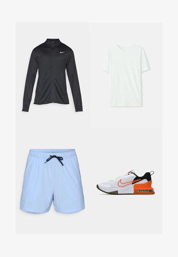 Melna sporta jaka ar garām piedurknēm, apkakli un pilnu rāvējslēdzēju. Uz kreisā krūts augšdaļas ir maigs Nike logo baltā krāsā. Gluda tekstūra.; Gai mints zaļš īsu piedurkņu T-krekls, izgatavots no mīkstas auduma. Tam ir apaļa kakla izgriezuma forma un vienkāršs, taisns griezums bez rotājumiem.; Gaiši zilas peldbikses, kas izgatavotas no viegla auduma, ar elastīgu jostasvietu un melnu auklu, kā arī sānu kabatām.; Balti sporta apavi ar teksturētu sieta augšējo daļu, melniem un oranžiem akcentiem, biezu gumijas zoli un caurspīdīgu gaisa spilvenu daļu pie papēža.