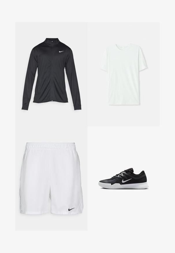 Jachetă sportivă neagră cu mâneci lungi, guler și fermoar complet. Prezintă un logo Nike subtil, alb, pe pieptul din stânga sus. Textură netedă.; Tricou scurt, de culoare verde mentă, din țesătură moale. Are un gât rotund și o croială simplă, dreaptă, fără embellishments.; Pantaloni scurți albi de sport cu un șnur elastic, având un logo Nike de culoare neagră în partea stângă jos. Material neted, fără modele.; Pantof sport negru cu un superior texturat, swoosh alb Nike și o tălpică din cauciuc alb. Dispune de un design cu șireturi și o formă dinamică.