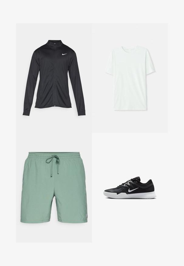 Čierna športová bunda s dlhými rukávmi, golierom a plným zipsom. Obsahuje nenápadné logo Nike v bielej farbe na hornej ľavej hrudi. Hladká textúra.; Svetlo mentolová kráťacia tričko s krátkym rukávom vyrobené z jemnej látky. Má okrúhly výstrih a jednoduchý, rovný strih bez ozdôb.; Svetlozelené plavky s elastickým pásom a šnúrkou. Hladká textúra, dĺžka po kolená, s logom na boku.; Čierna športová topánka s textúrovaným zvrškom, bielym logom Nike a bielou gumovou podrážkou. Má šnurovací dizajn a dynamický tvar.