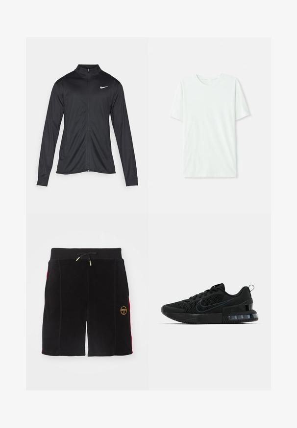 Svart idrottsjacka med långa ärmar, krage och full dragkedja. Har en diskret Nike-logga i vitt på övre vänstra bröstet. Slät yta.; Ljus mintgrön t-shirt med kort ärm gjord av mjukt tyg. Har rundad halsringning och en enkel, rak passform utan utsmyckningar.; Svarta velourshorts med dragsko i midjan, röda sidopaneler och en guldbroderad logotyp på vänster ben. Slät textur, knälång.; Svart Nike sportskor med ovandel i nät, gummisula, vadderad krage och en distinkt transparent hälaccents.