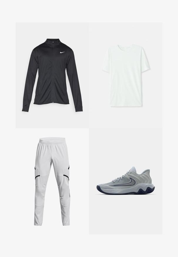 Sort atletisk jakke med lange ærmer, krave og fuld lynlås. Har et diskret Nike-logo i hvidt på den øverste venstre side af brystet. Glat tekstur.; Lys mintgrøn kortærmet T-shirt lavet af blødt stof. Har en rund halsudskæring og et enkelt, lige snit uden dekorationer.; Lys grå atletiske bukser med strækbart stof. Har sorte detaljer og lommer på siderne, designet med en tapered pasform.; Grå atletisk sko med en tekstureret overdel, geometriske accenter, polstret krave og en gummisål med et bølget design. Nike-logo synlig.