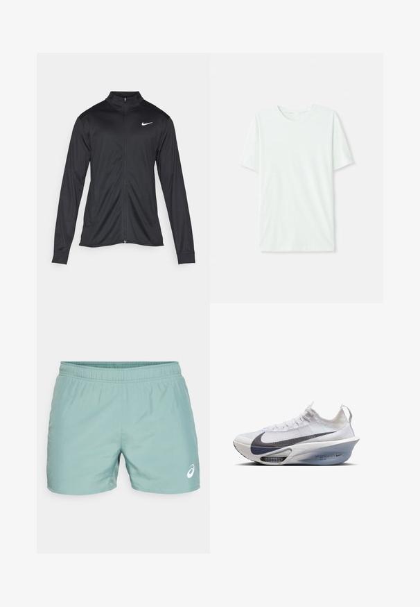 Must värvi sportlik jakk pikkade varrukatega, krae ja täispikk tõmblukk. Ülemises vasakus rinnas on diskreetne valge Nike logo. Sile tekstuur.; Heleheline mintroheline lühikeste varrukatega t-särk, mis on valmistatud pehmest kangast. Omab ümmargust kaelust ja lihtsat, sirget lõiget ilma kaunistusteta.; ASICS CORE SHORT - Spordišortsid - celadon; Nike jooksujalats valges tekstiilis halli swoosh'iga, voolujooneline kuju, läbipaistev keskmine tall, kus on nähtav õhkpadding.