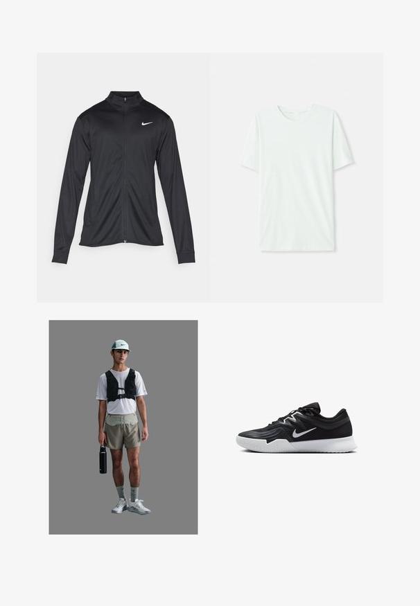 Zwarte sportjack met lange mouwen, kraag en volle rits. Voorzien van een subtiele Nike-logo in het wit op de bovenste linkerborst. Soepele textuur.; Licht mintgroen T-shirt met korte mouwen, gemaakt van zachte stof. Het heeft een ronde halslijn en een simpele, rechte snit zonder versieringen.; Atleet in een wit netwerkshirt, zwarte harnasvest, beige shorts, grijze sokken en witte schoenen, met een zwarte waterfles in de hand.; Zwarte sportieve schoen met een gestructureerde bovenkant, witte Nike swoosh en een witte rubberen zool. Beschikt over een veterontwerp en een dynamische vorm.