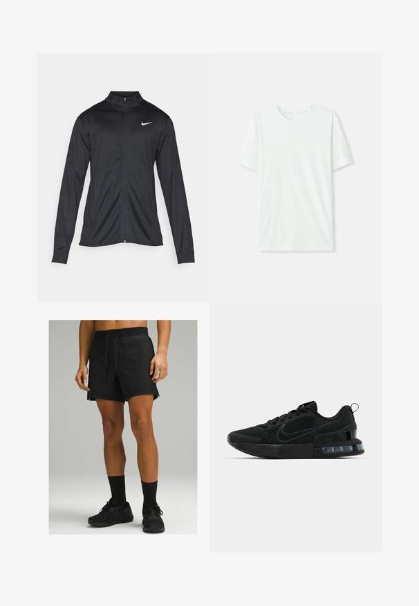 Musta urheilutakki pitkillä hihoilla, kauluksella ja kokonaisella vetoketjulla. Täydentää hienovarainen Nike-logo valkoisena vasemmassa ylärinnassa. Litteä pinta.; Vihreä mintun värinen lyhythihainen t-paita, joka on valmistettu pehmeästä kankaasta. Siinä on pyöreä kaula-aukko ja yksinkertainen, suora leikkaus ilman koristeita.; Mustat urheilushortsit, joissa on joustava vyötärö ja nyöritys, sivuilla halkiot ja sileä pinta, yhdistettynä mustiin sukkiin ja kenkiin.; Musta Nike urheilukenkä, jossa on verkkomateriaali yläosa, kumipohja, pehmustettu nilkkaosa ja erottuva läpinäkyvä kantaaksentti.