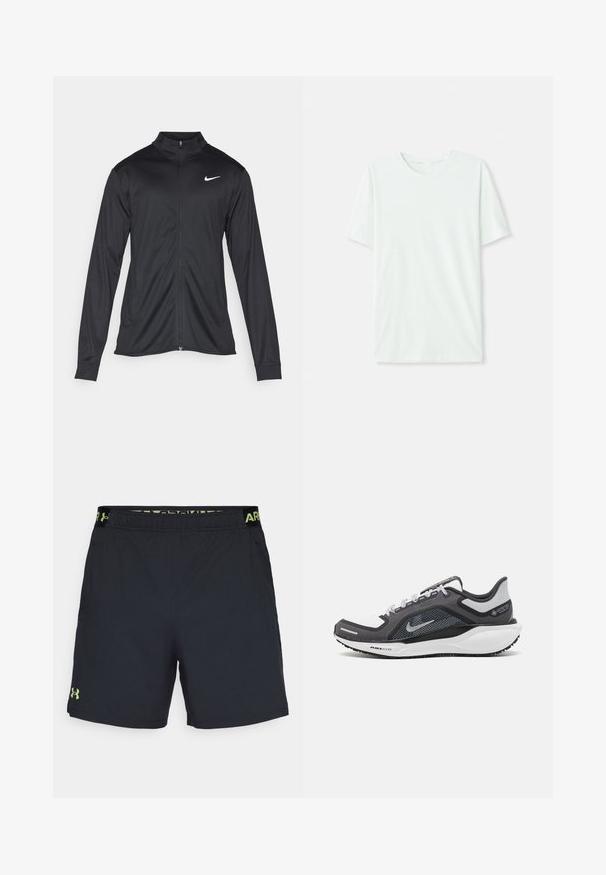 Svart idrottsjacka med långa ärmar, krage och full dragkedja. Har en diskret Nike-logga i vitt på övre vänstra bröstet. Slät yta.; Ljus mintgrön t-shirt med kort ärm gjord av mjukt tyg. Har rundad halsringning och en enkel, rak passform utan utsmyckningar.; Under Armour VANISH SHORTS - Träningsshorts - black/morph green; Svart och grå atletisk sko med ovandel i mesh, reflexdetaljer och en vit mellansula. Har en strukturerad gummisula och skosnören.