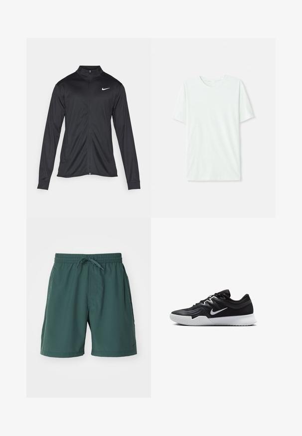 Juodas sportinis švarkas su ilgomis rankovėmis, apykakle ir pilnu užtrauktuku. Yra subtilus baltas Nike logotipas kairėje krūtinės pusėje. Lygus tekstūra.; Šviesiai mėtos žalios spalvos trumpų rankovių marškinėliai, pagaminti iš minkštos medžiagos. Turi apvalią iškirptę ir paprastą tiesų siluetą be dekoro.; Nike Performance FORM SHORT - Sportiniai šortai - vintage green/black; Juodos sportinės bateliai su tekstūruota viršutine dalimi, balta Nike swoosh ir balta gumine išorine dalimi. Yra su raištelių užsegimo dizainu ir dinamine forma.