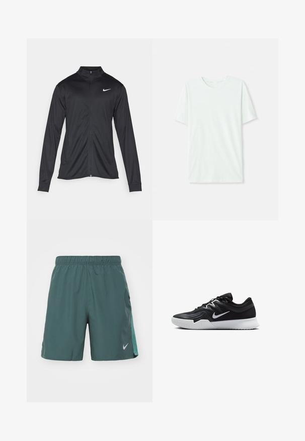 Juodas sportinis švarkas su ilgomis rankovėmis, apykakle ir pilnu užtrauktuku. Yra subtilus baltas Nike logotipas kairėje krūtinės pusėje. Lygus tekstūra.; Šviesiai mėtos žalios spalvos trumpų rankovių marškinėliai, pagaminti iš minkštos medžiagos. Turi apvalią iškirptę ir paprastą tiesų siluetą be dekoro.; Nike Performance CHALLENGER - Sportiniai šortai - vintage green/bicoastal/black/reflective silver; Juodos sportinės bateliai su tekstūruota viršutine dalimi, balta Nike swoosh ir balta gumine išorine dalimi. Yra su raištelių užsegimo dizainu ir dinamine forma.