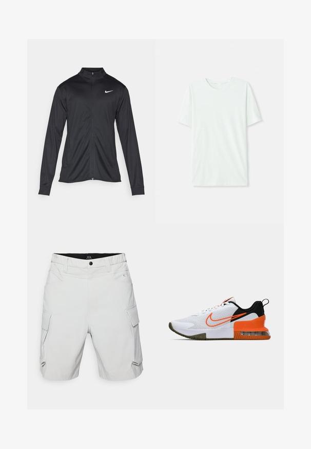 Melna sporta jaka ar garām piedurknēm, apkakli un pilnu rāvējslēdzēju. Uz kreisā krūts augšdaļas ir maigs Nike logo baltā krāsā. Gluda tekstūra.; Gai mints zaļš īsu piedurkņu T-krekls, izgatavots no mīkstas auduma. Tam ir apaļa kakla izgriezuma forma un vienkāršs, taisns griezums bez rotājumiem.; Gaiši pelēki kravas šorti ar plakanu priekšpusi, elastīgu jostasvietu un vairākiem sānu kabatām ar atloku aizdari. Izgatavoti no viegla auduma.; Balti sporta apavi ar teksturētu sieta augšējo daļu, melniem un oranžiem akcentiem, biezu gumijas zoli un caurspīdīgu gaisa spilvenu daļu pie papēža.