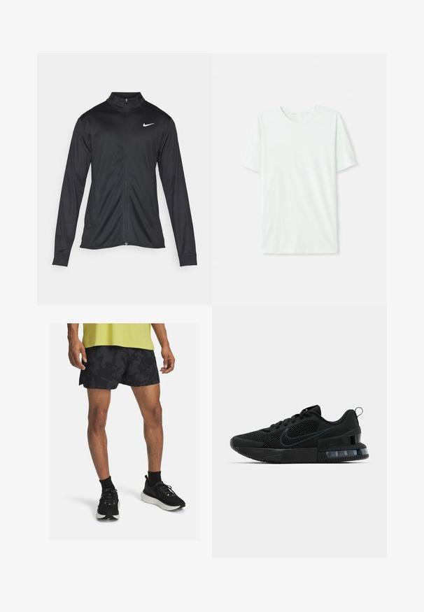 Čierna športová bunda s dlhými rukávmi, golierom a plným zipsom. Obsahuje nenápadné logo Nike v bielej farbe na hornej ľavej hrudi. Hladká textúra.; Svetlo mentolová kráťacia tričko s krátkym rukávom vyrobené z jemnej látky. Má okrúhly výstrih a jednoduchý, rovný strih bez ozdôb.; Čierne športové šortky s textúrovaným vzorom, v kombinácii s čiernymi teniskami s bielou podrážkou a čiernymi členkovými ponožkami. Žltý top s perforáciami.; Čierna atletická obuv Nike so sieťovinovým zvrškom, gumovou podrážkou, polstrovaným golierom a výrazným priehľadným akcentom na podpätku.