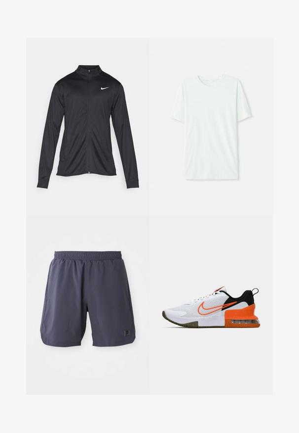 Fekete sportdzseki hosszú ujjal, gallérral és teljes cipzárral. Diszkrét fehér Nike logóval az upper bal mellen. Sima textúra.; Világos menta zöld, rövidujjú póló, puha anyagból készült. Kerek nyakkivágással és egyszerű, egyenes szabással rendelkezik, díszítések nélkül.; Sötétszürke, gumis derékkal ellátott sportnadrág oldalra varrt zsebekkel és egy kis logóval a jobb lábszáron.; Fehér sportcipő, texturált hálós felsőrésszel, fekete és narancssárga részletekkel, vastag gumitalppal és átlátszó levegőpárnával a sarkán.