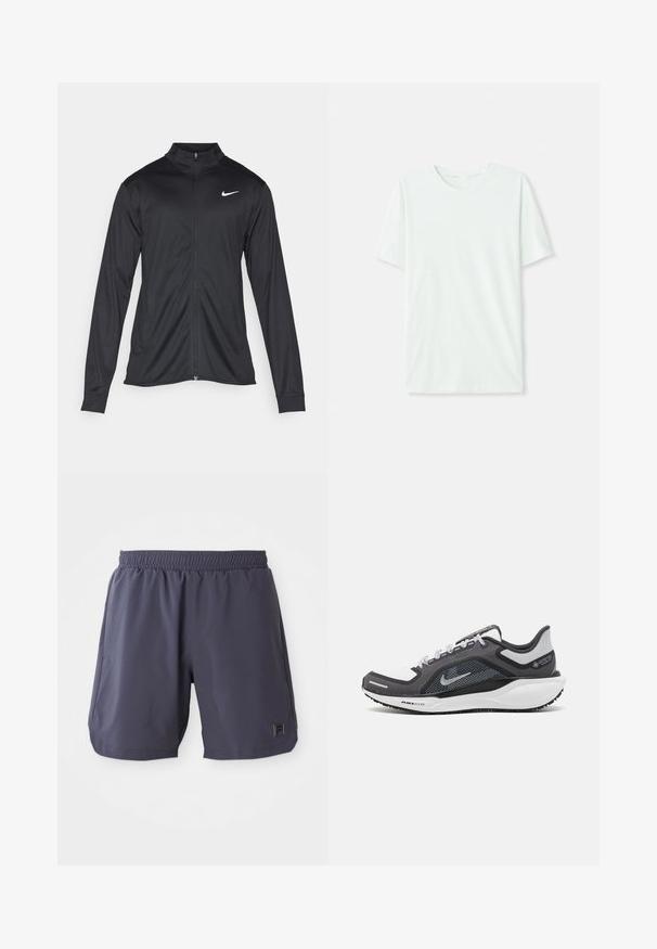Juodas sportinis švarkas su ilgomis rankovėmis, apykakle ir pilnu užtrauktuku. Yra subtilus baltas Nike logotipas kairėje krūtinės pusėje. Lygus tekstūra.; Šviesiai mėtos žalios spalvos trumpų rankovių marškinėliai, pagaminti iš minkštos medžiagos. Turi apvalią iškirptę ir paprastą tiesų siluetą be dekoro.; Tamsiai pilkos elastingos juosmens sportinės šortai su šoninėmis kišenėmis ir maža logotipo etikete dešinėje apatinėje kojoje.; Juodas ir pilkas sportinis batelis su tinkleliu viršuje, atspindinčiais akcentais ir balta vidurinė dalimi. Yra tekstūruota guminė išorinė pada ir raišteliai.