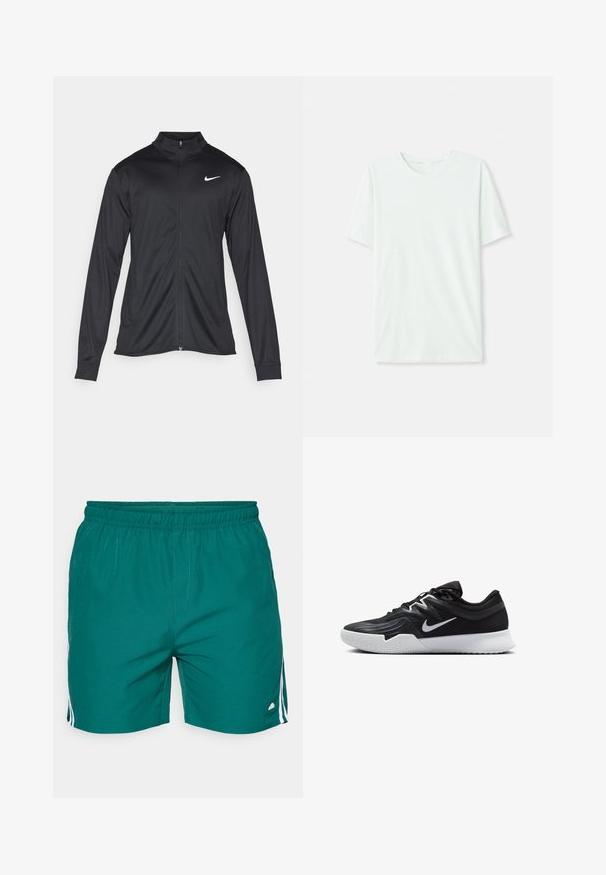 Černá sportovní bunda s dlouhými rukávy, límcem a plným zipem. Má decentní bílou logo značky Nike na horní levé části hrudi. Hladká textura.; Světle máková zelená krátkosrstá tričko vyrobené z měkké tkaniny. Má kulatý výstřih a jednoduchý, rovný střih bez ozdob.; Pánské plavky v teal barvě, s elastickým pasem, dvěma bílými pruhy na bocích a malým logem na lemu.; Černá atletická bota s texturovaným svrškem, bílým logem Nike a bílou gumovou podrážkou. Disponuje šněrovacím designem a dynamickým tvarem.