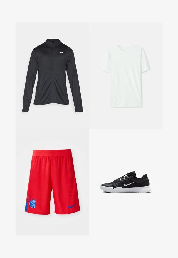 Svart idrettsjakke med lange ermer, krage og full glidelås. Har en subtil Nike-logo i hvitt på øvre venstre bryst. Glatt tekstur.; Lys myntgrønn kortermet t-skjorte laget av myk stoff. Har en rund halslinning og en enkel, rett snitt uten pynt.; Rødeidrettsshorts med ribbestruktur, har en blå sidepanel og et rundt logo på venstre bein. Elastisk midjebånd for komfort.; Svart treningssko med teksturert overdel, hvit Nike-swoosh og hvit gummisåle. Har snøring og en dynamisk form.