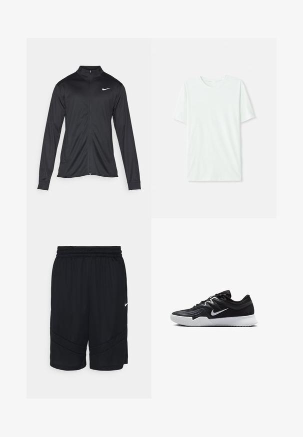 Juodas sportinis švarkas su ilgomis rankovėmis, apykakle ir pilnu užtrauktuku. Yra subtilus baltas Nike logotipas kairėje krūtinės pusėje. Lygus tekstūra.; Šviesiai mėtos žalios spalvos trumpų rankovių marškinėliai, pagaminti iš minkštos medžiagos. Turi apvalią iškirptę ir paprastą tiesų siluetą be dekoro.; Juodi sportiniai šortai su tinklinio tekstūra, elastingu juosmeniu ir kampuota juostos dizaino apdaila šonuose. Pridedama maža balta logo.; Juodos sportinės bateliai su tekstūruota viršutine dalimi, balta Nike swoosh ir balta gumine išorine dalimi. Yra su raištelių užsegimo dizainu ir dinamine forma.
