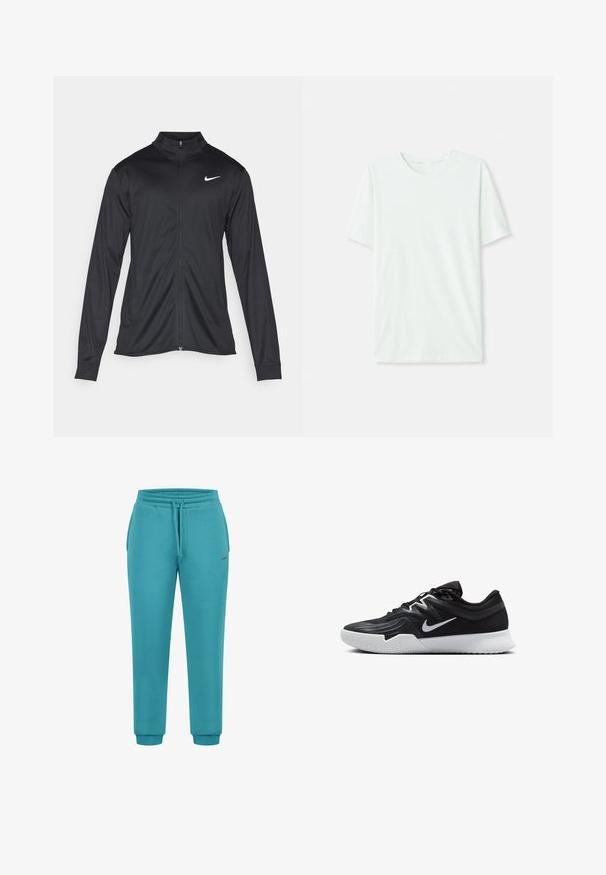 Czarna sportowa kurtka z długimi rękawami, kołnierzem i pełnym zamkiem. Posiada subtelne logo Nike w białym kolorze na lewej górnej części klatki piersiowej. Gładka tekstura.; Jasno miętowa koszulka z krótkim rękawem, wykonana z miękkiego materiału. Posiada okrągły dekolt oraz prosty krój bez zdobień.; Turkusowe dresy z elastyczną talią, sznurkiem do regulacji i ściągaczami na nogawkach. Wykonane z miękkiego materiału, z bocznymi kieszeniami i subtelnym logo.; Czarne buty sportowe z teksturowaną cholewką, białym logo Nike i białą gumową podeszwą. Charakteryzują się sznurowanym zapięciem i dynamicznym kształtem.