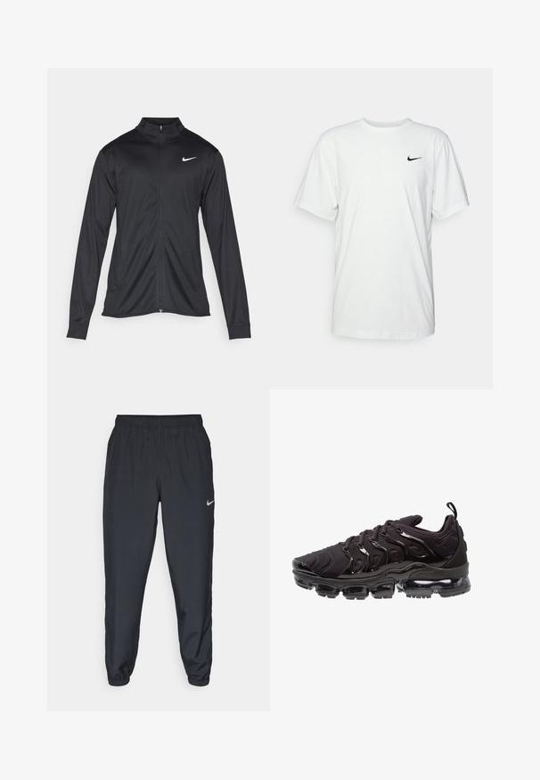 Juodas sportinis švarkas su ilgomis rankovėmis, apykakle ir pilnu užtrauktuku. Yra subtilus baltas Nike logotipas kairėje krūtinės pusėje. Lygus tekstūra.; Balta medvilnė marškinėliai trumpomis rankovėmis, su apvalia apykakle ir juodu Nike logotipu kairėje krūtinės pusėje. Lygaus, lengvo audinio.; Juodos sportinės kelnės iš lengvos medžiagos su elastinga juosta, kulkšnies rankovėmis ir diskretišku Nike logotipu kairėje pusėje.; Juodi sportiniai batai su tekstūruotu audiniu viršuje, blizgiais akcentais ir ryškiu oro pagalvės padu. Išskirtinės bangos formos dizaino elementai.