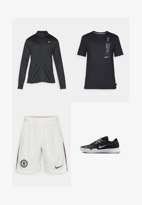 Musta urheilutakki pitkillä hihoilla, kauluksella ja kokonaisella vetoketjulla. Täydentää hienovarainen Nike-logo valkoisena vasemmassa ylärinnassa. Litteä pinta.; Mustat lyhythihaiset T-paidat pehmeästä kankaasta. Edessä on painettu logo ja tekstit vaaleansinisellä, pyöreä kaula-aukko.; Valkoiset jalkapalloshortseja, joissa on teksturoitu kangas, joustava vyötärö, Chelsea FC:n logo sekä vihreät ja punaiset sivuviivat. Nike-logo helmassa.; Musta urheilukenkä, jossa on teksturoitu päällinen, valkoinen Nike-tikkaus ja valkoinen kumipohja. Kenkässä on nauhakuji ja dynaaminen muoto.