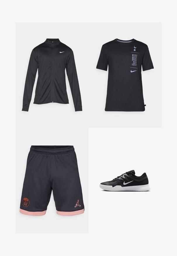 Musta urheilutakki pitkillä hihoilla, kauluksella ja kokonaisella vetoketjulla. Täydentää hienovarainen Nike-logo valkoisena vasemmassa ylärinnassa. Litteä pinta.; Mustat lyhythihaiset T-paidat pehmeästä kankaasta. Edessä on painettu logo ja tekstit vaaleansinisellä, pyöreä kaula-aukko.; Lyhyet mustat urheilushortsit, jotka on valmistettu hengittävästä kankaasta. Niissä on vaaleanpunaiset yksityiskohdat helmoissa sekä logot Paris Saint-Germainista ja Jordanista.; Musta urheilukenkä, jossa on teksturoitu päällinen, valkoinen Nike-tikkaus ja valkoinen kumipohja. Kenkässä on nauhakuji ja dynaaminen muoto.
