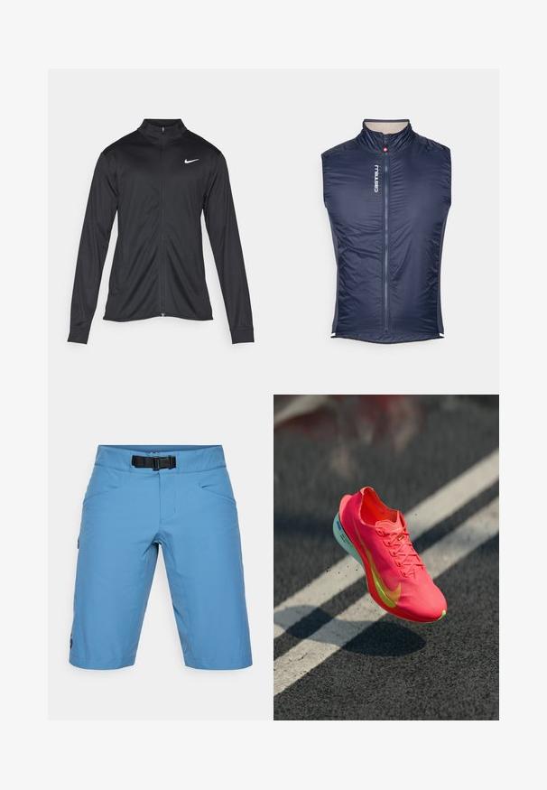 Svart idrettsjakke med lange ermer, krage og full glidelås. Har en subtil Nike-logo i hvitt på øvre venstre bryst. Glatt tekstur.; Marineblå, ermeløs sykkelvest laget av glatt, lett materiale med høy krage og hel glidelås. Har merkevarelogo.; Lyseblå shorts med belte, laget av et glatt stoff. Har to frontlommer og en sidelomme med glidelås.; Lyse rosa løpesko med teksturert overdel, gule detaljer og en lett såle, som viser en svak spretthandling fra en mørk overflate.