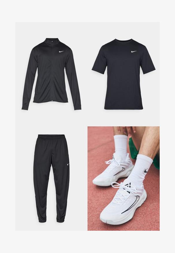 Crna sportska jakna s dugim rukavima, ovratnikom i punim patentnim zatvaračem. Ima suptilan Nike logo u bijeloj boji na gornjem lijevom dijelu prsne oznake. Glatka tekstura.; Crna kratka majica s kratkim rukavima marke Nike, izrađena od glatkog materijala, s bijelim swoosh logom na gornjoj lijevoj strani, okrugli izrez.; Crne atletske hlače s elastičnom trakom u struku, sužene nogavice i mali bijeli Nike logo na lijevom bedru. Glatka tkanina, bez uzoraka.; Bijele sportske cipele s teksturiranim dizajnom, koje imaju crne akcentne detalje i vezice. Nošene su s bijelim rebrastim čarapama na crvenoj podlozi.