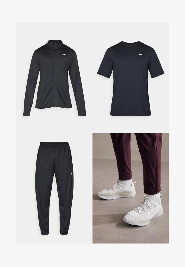 Zwarte sportjack met lange mouwen, kraag en volle rits. Voorzien van een subtiele Nike-logo in het wit op de bovenste linkerborst. Soepele textuur.; Zwart T-shirt met korte mouwen van Nike, gemaakt van gladde stof, met een wit swoosh-logo op de bovenlinkerzijde, ronde hals.; Zwarte sportbroeken met een elastische tailleband, taps toelopende pijpen en een klein wit Nike-logo op de linker bovenbeen. Glad stof, zonder patronen.; Witte sportschoenen met een gestructureerd oppervlak, voorzien van grijze accenten, platte veters en het Nike-logo, gecombineerd met bordeauxrode sportbroeken en witte sokken.