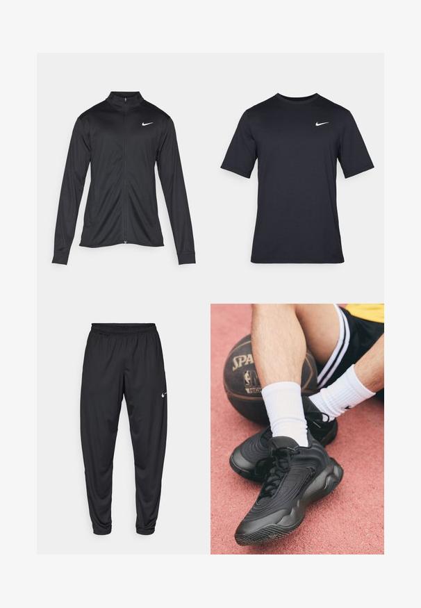 Zwarte sportjack met lange mouwen, kraag en volle rits. Voorzien van een subtiele Nike-logo in het wit op de bovenste linkerborst. Soepele textuur.; Zwart T-shirt met korte mouwen van Nike, gemaakt van gladde stof, met een wit swoosh-logo op de bovenlinkerzijde, ronde hals.; Zwarte sportbroeken met een elastische tailleband, taps toelopende pijpen en een klein wit Nike-logo op de linker bovenbeen. Glad stof, zonder patronen.; Zwarte sportieve schoenen met een gestructureerde bovenkant en een gebogen ontwerp. Geplaatst op een basketbal, gecombineerd met witte geribbelde sokken op een roze ondergrond.
