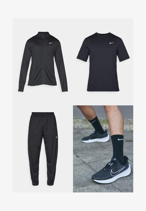 Musta urheilutakki pitkillä hihoilla, kauluksella ja kokonaisella vetoketjulla. Täydentää hienovarainen Nike-logo valkoisena vasemmassa ylärinnassa. Litteä pinta.; Mustan lyhythihainen Nike-t-paita, joka on valmistettu sileästä kankaasta ja jossa on valkoinen swoosh-logo vasemmassa yläkulmassa, pyöreä kaula-aukko.; Mustat urheiluhousut, joissa on joustava vyötärö, kapenevat lahkeet ja pieni valkoinen Nike-logo vasemmassa reidessä. Tasainen kangas, ei kuvioita.; Nike Performance INTERACT RUN - Maastojuoksukengät - black/white/anthracite