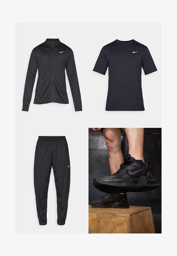 Must värvi sportlik jakk pikkade varrukatega, krae ja täispikk tõmblukk. Ülemises vasakus rinnas on diskreetne valge Nike logo. Sile tekstuur.; Must tume musta Nike t-särk, mis on valmistatud siledast kangast, valge swoosh logo vasakul ülanurgas, ümar kaelus.; Mustad sportpüksid elastse vöökoha, kitsenevate jalgade ja väikese valge Nike logo'ga vasakul reitel. Sile kangas, ilma mustriteta.; Mustad mustree jalanõud on varustatud tekstuurse võrkkanga ülaosaga, tugeva tallaga, silmapaistva logoga ja nööridega, mis on asetatud puidust platvormile.