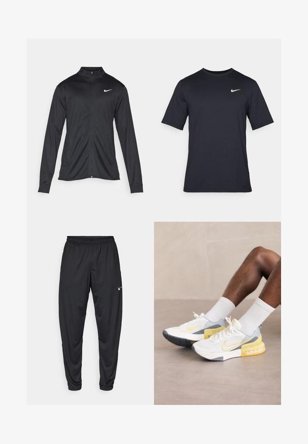 Black athletic jacket with long sleeves, collar, and full zipper. Features a subtle Nike logo in white on the upper left chest. Smooth texture.; Black short-sleeve Nike t-shirt made of smooth fabric, featuring a white swoosh logo on the upper left side, crew neckline.; Black athletic pants with an elastic waistband, tapered legs, and a small white Nike logo on the left thigh. Smooth fabric, no patterns.; White mesh athletic shoes with grey and yellow accents, featuring a textured sole and a distinctive Nike swoosh logo.