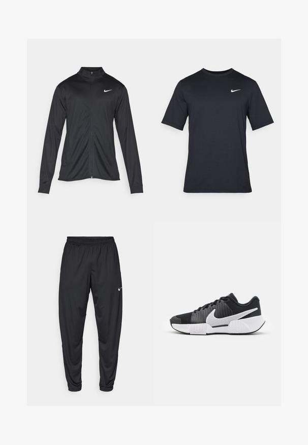 Must värvi sportlik jakk pikkade varrukatega, krae ja täispikk tõmblukk. Ülemises vasakus rinnas on diskreetne valge Nike logo. Sile tekstuur.; Must tume musta Nike t-särk, mis on valmistatud siledast kangast, valge swoosh logo vasakul ülanurgas, ümar kaelus.; Mustad sportpüksid elastse vöökoha, kitsenevate jalgade ja väikese valge Nike logo'ga vasakul reitel. Sile kangas, ilma mustriteta.; Mustad mustossid, millel on tekstureeritud ülemine osa, valge swoosh-logo, pehmendatud kand ja kontrastne valge uus, millel on siksakmuster.