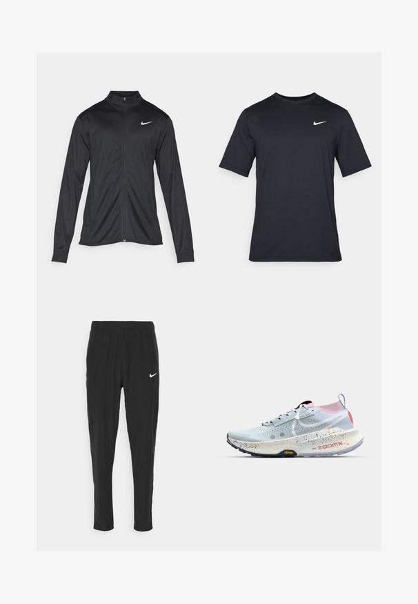 Giacca sportiva nera con maniche lunghe, colletto e zip completa. Presenta un logo Nike in bianco sulla parte superiore del lato sinistro del petto. Tessuto morbido.; T-shirt Nike nera a maniche corte realizzata in tessuto morbido, con il logo bianco dello swoosh nella parte superiore sinistra, colletto girocollo.; Pantaloni sportivi neri realizzati in tessuto leggero, con vita elasticizzata e logo Nike bianco sulla coscia sinistra.; Scarpa da corsa Nike ZoomX di colore azzurro chiaro con tallone rosa e rosso. Presenta una tomaia perforata, una suola intermedia maculata e una suola esterna Vibram nera.