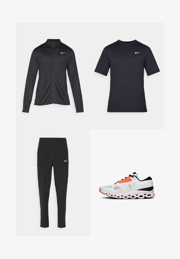 Veste de sport noire à manches longues, avec col et fermeture éclair intégrale. Présente un logo Nike subtil en blanc sur le côté supérieur gauche de la poitrine. Texture lisse.; T-shirt noir à manches courtes Nike en tissu lisse, arborant un logo swoosh blanc sur le côté supérieur gauche, col rond.; Pantalons de sport noirs en tissu léger, avec une taille élastique et un logo Nike blanc sur la cuisse gauche.; Chaussure de sport blanche avec des accents noirs et orange, tige en mesh, semelle rembourrée et design découpé distinct pour la respirabilité et le support.