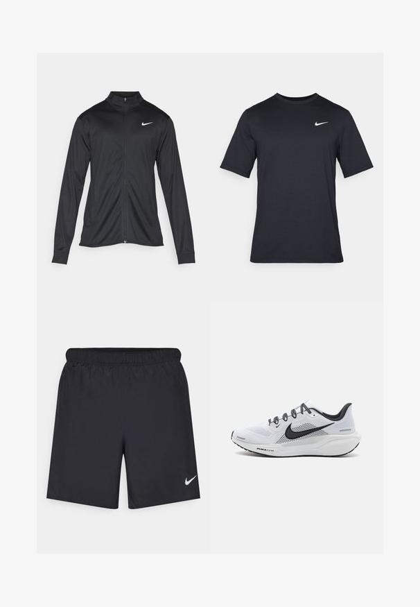Svart idrettsjakke med lange ermer, krage og full glidelås. Har en subtil Nike-logo i hvitt på øvre venstre bryst. Glatt tekstur.; Svart kortermet Nike t-skjorte laget av glatt stoff, med en hvit swoosh-logo på øvre venstre side, rund hals.; Svart sportskjørt laget av lett materiale med elastisk linning. Har en liten hvit Nike-logo nederst til venstre.; Hvit nettverks løpesko med svarte detaljer, med polstret mellomsåle, teksturert såle, og reflekterende lisser for bedre synlighet.