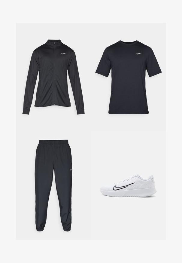 Fekete sportdzseki hosszú ujjal, gallérral és teljes cipzárral. Diszkrét fehér Nike logóval az upper bal mellen. Sima textúra.; Fekete, rövid ujjú Nike póló sima anyagból, fehér swoosh logóval a bal felső oldalon, kerek nyakkivágással.; Fekete sportnadrág könnyű anyagból, rugalmas derékkel és bokacsatokkal, a bal oldalon egy diszkrét Nike logóval.; Fehér sportcipők, hálós felsőrészsel és texturált részletekkel, oldalán fekete swoosh logóval és párnázott fehér talppal.