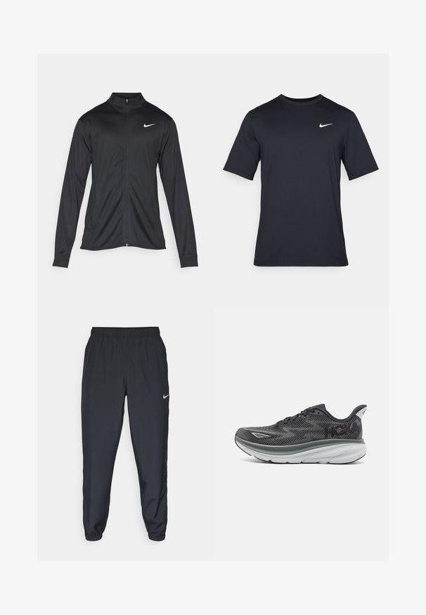Jachetă sportivă neagră cu mâneci lungi, guler și fermoar complet. Prezintă un logo Nike subtil, alb, pe pieptul din stânga sus. Textură netedă.; Tricou Nike negru cu mânecă scurtă, confecționat dintr-un material neted, având un logo alb în formă de swoosh pe partea stângă sus, cu guler rotund.; Pantaloni sport negri dintr-un material ușor, cu un band elastic la talie, mansete la glezne și un logo Nike discret pe partea stângă.; Shoe sportiv cu un superior din plasă cu model negru și gri, talpă intermediară albă căptușită și design cu vârf rotund, cu sistem de închidere cu șireturi.