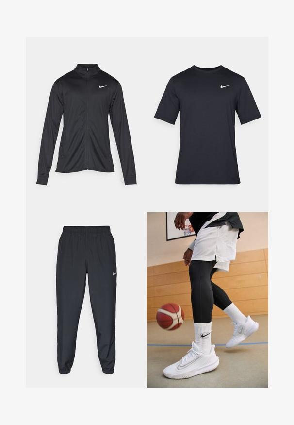 Sort atletisk jakke med lange ærmer, krave og fuld lynlås. Har et diskret Nike-logo i hvidt på den øverste venstre side af brystet. Glat tekstur.; Sort kortærmet Nike t-shirt lavet af glat stof, med et hvidt swoosh-logo på øverste venstre side, rund halsudskæring.; Sorte træningsbukser lavet af letvægtsstof med elastisk talje, ankelsyninger og et diskret Nike-logo på venstre side.; Nike Performance PRECISION 7 - Basketsko - white/light smoke grey/photon dust