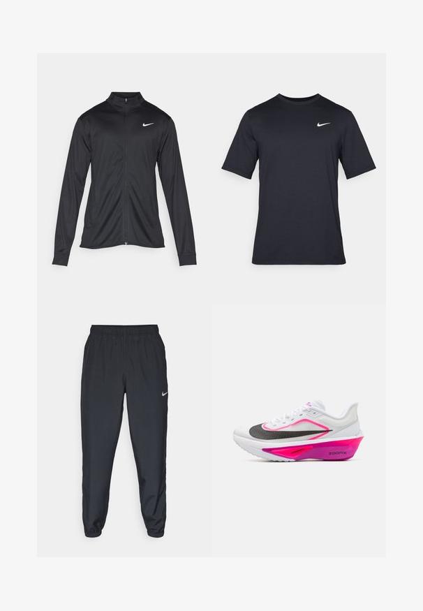 Jacket desportivo preto com mangas longas, colarinho e fecho zip completo. Apresenta um discreto logotipo da Nike em branco na parte superior do lado esquerdo do peito. Textura suave.; T-shirt Nike preto de manga curta, feito de um tecido suave, com um logo swoosh branco no lado superior esquerdo, gola redonda.; Calças de treino pretas feitas de um tecido leve, com um cós elástico, punhos nos tornozelos e um discreto logótipo da Nike no lado esquerdo.; Nike Performance ZOOM FLY 6 - Sapatos para corrida em estrada - white/black/vivid grape/hyper pink/hydrangeas/dark raisin