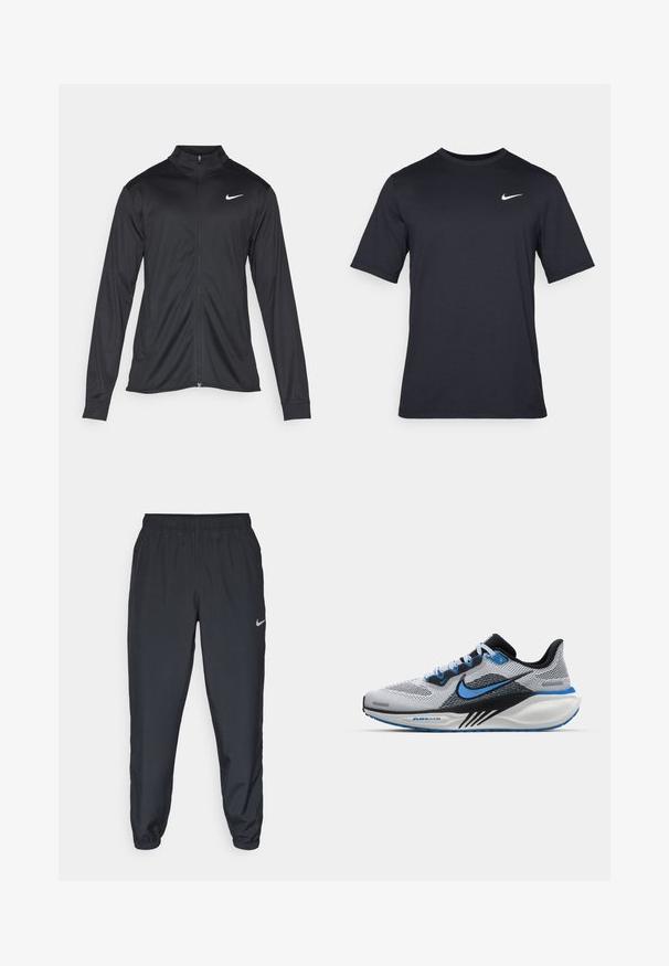 Veste de sport noire à manches longues, avec col et fermeture éclair intégrale. Présente un logo Nike subtil en blanc sur le côté supérieur gauche de la poitrine. Texture lisse.; T-shirt noir à manches courtes Nike en tissu lisse, arborant un logo swoosh blanc sur le côté supérieur gauche, col rond.; Pantalon de jogging noir en tissu léger avec une ceinture élastique, des poignets aux chevilles et un logo Nike discret sur le côté gauche.; Chaussure de course Nike avec un dessus en maille grise respirante, des accents bleus, un col rembourré, une semelle intermédiaire noire et une semelle extérieure blanche texturée.