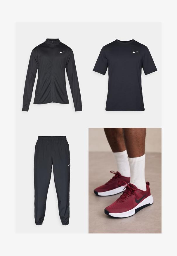 Črna atletska jakna z dolgimi rokavi, ovratnikom in polnim zadrgo. Vključuje diskreten bel Nike logotip na zgornjem levem delu prsnega koša. Gladka tekstura.; Črna kratkotrajna majica Nike iz gladkega materiala, z belim logotipom Swoosh na zgornji levi strani, okrogel izrez.; Črne trenirke iz lahkega materiala z elastičnim pasom, manšetami na gležnjih in diskretnim logotipom Nike na levi strani.; Rde teksturirane superge z črnim Nike žigom, belim podplatom in črnimi detajli, v kombinaciji z belimi rebrastimi nogavicami.